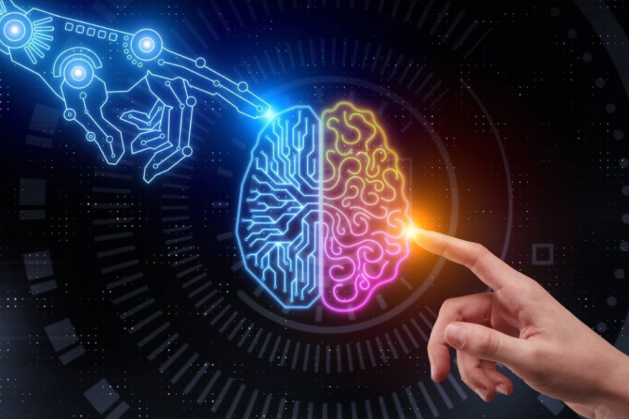 Two hands point to a neon representation of the brain.