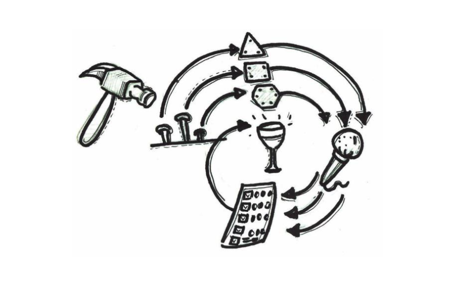 An illustration of a process diagram that starts with a hammer and a nails and ends in a perfect glass of wine.