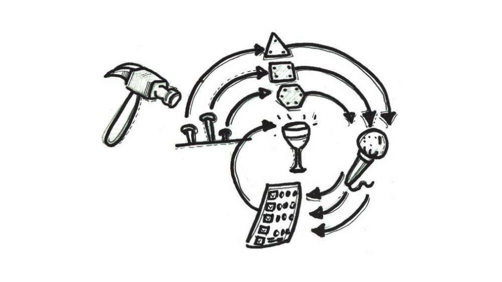An illustration of a process diagram that starts with a hammer and a nails and ends in a perfect glass of wine.