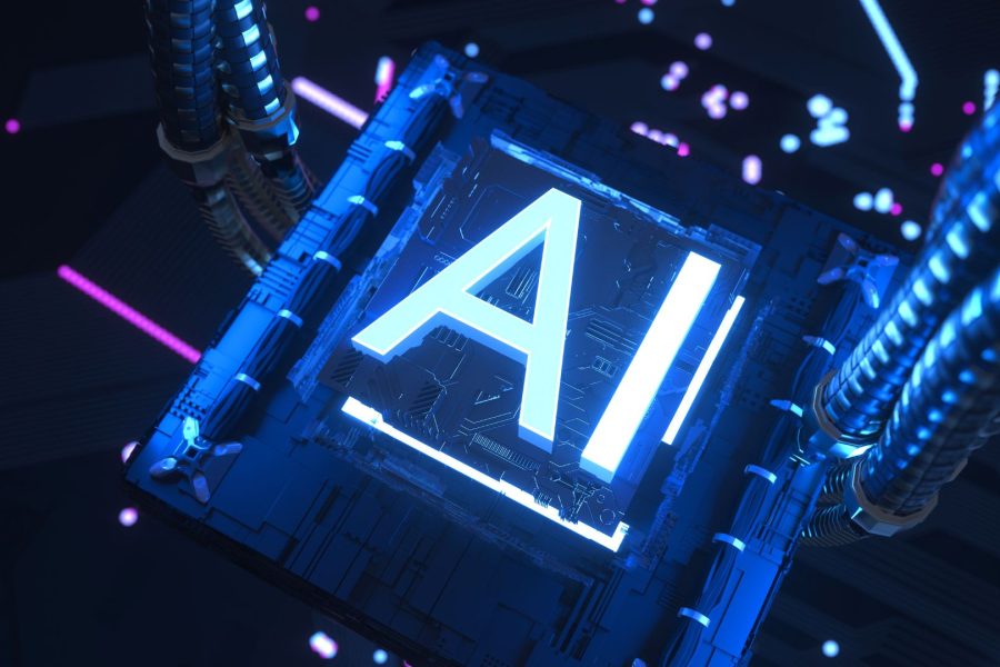 A neon close up of a computer chip with A.I. imprinted on it.