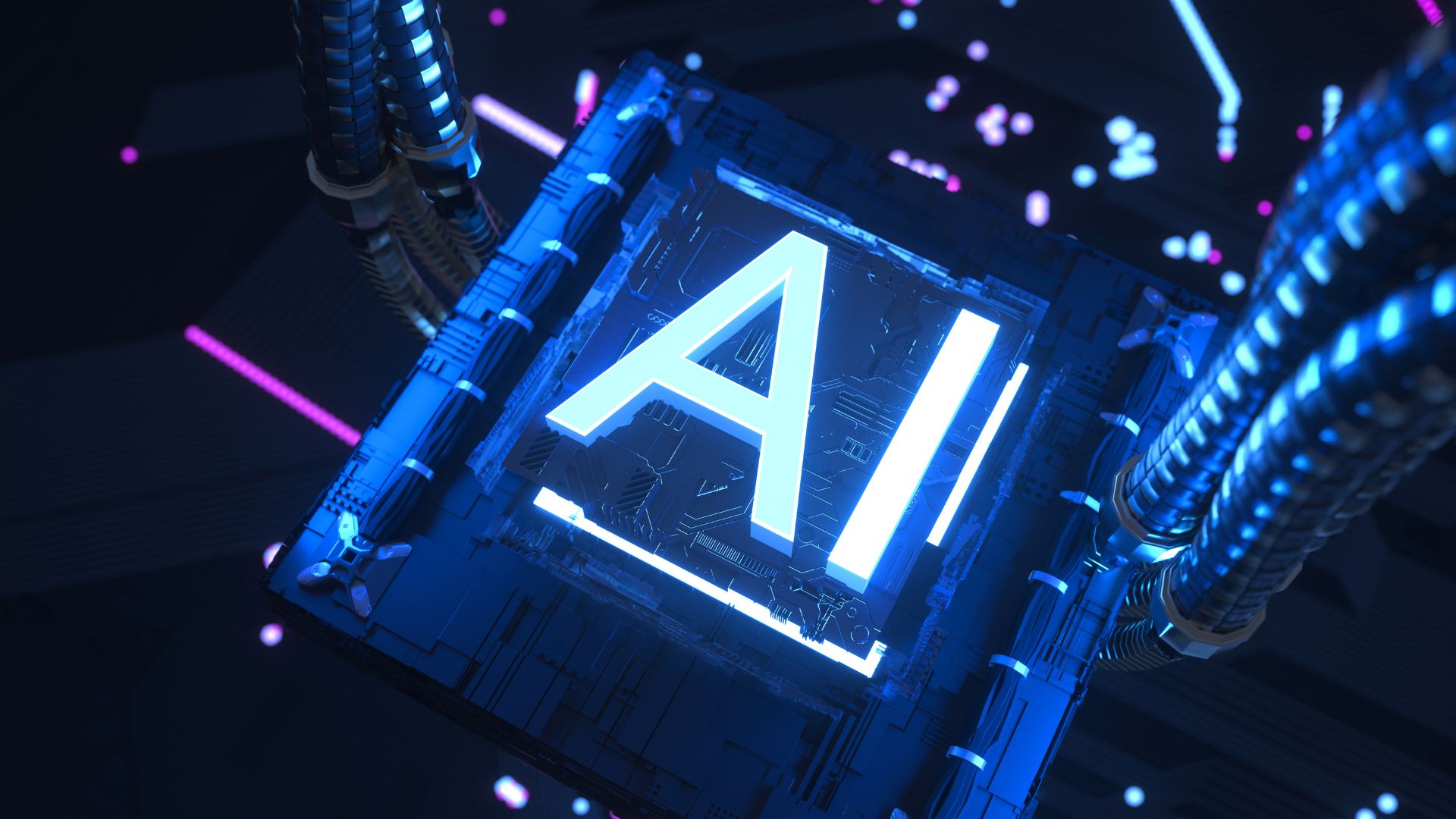 A neon close up of a computer chip with A.I. imprinted on it.